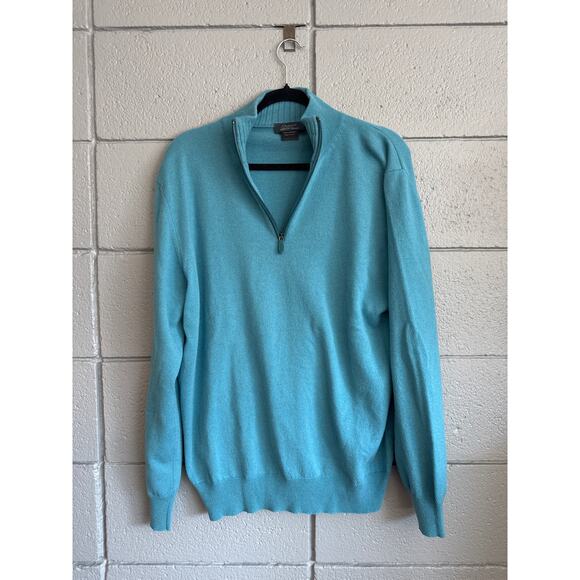 Bergdorf Goodman Men's Blue Cashmere Ribbed Quarter-Zip Sweater Size L